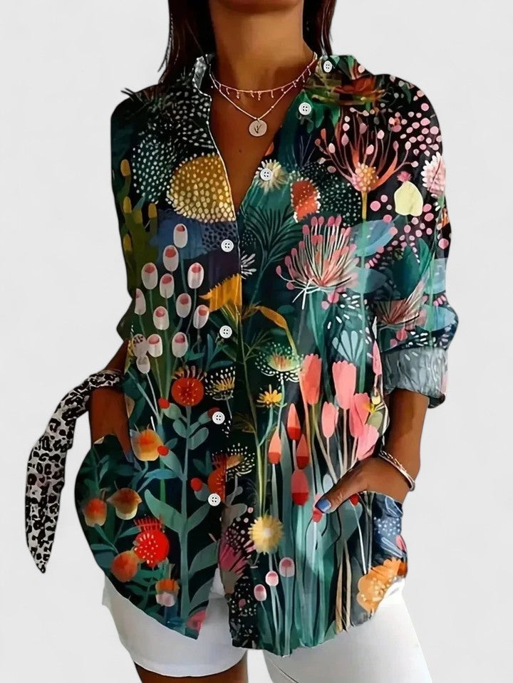 Button-up blouse featuring a vibrant multicolor artistic print, crafted from a relaxed fit cotton blend for comfortable everyday wear. 5