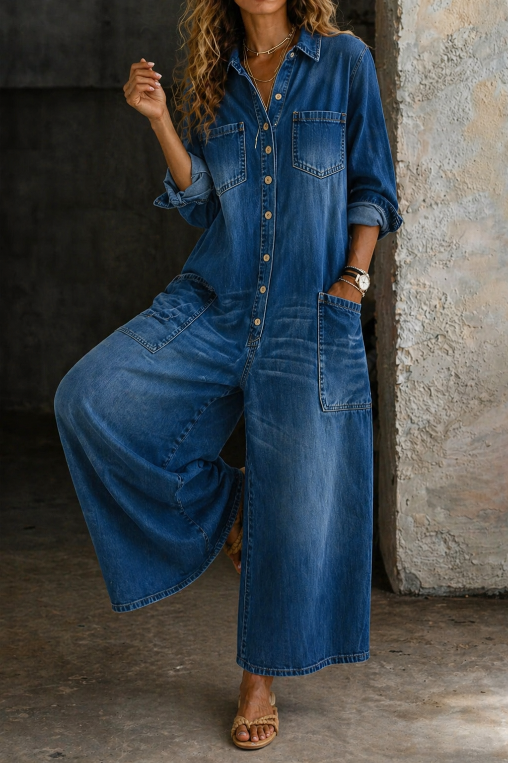 Casual Denim Jumpsuit with Relaxed Fit and Deep Pockets for Women – Comfortable Everyday Overall 0