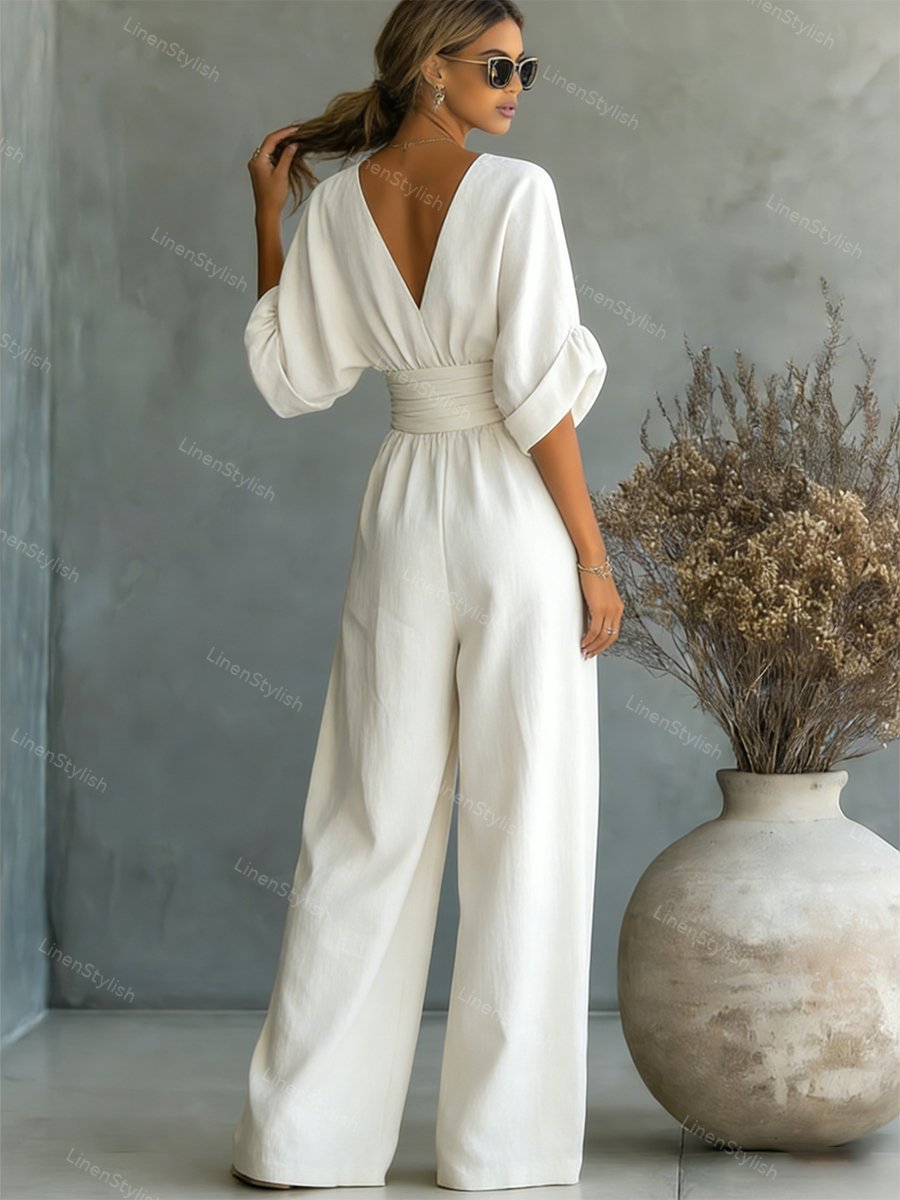 Casual V-Neck Jumpsuit for Women with Flattering Waistline – Soft, Comfortable Fabric – Black or White Options 1