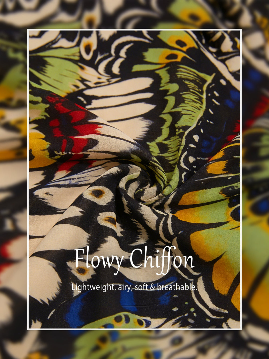 Chiffon maxi dress featuring a ruffle collar and vibrant butterfly print, designed for women seeking a flowing and elegant long dress. 2