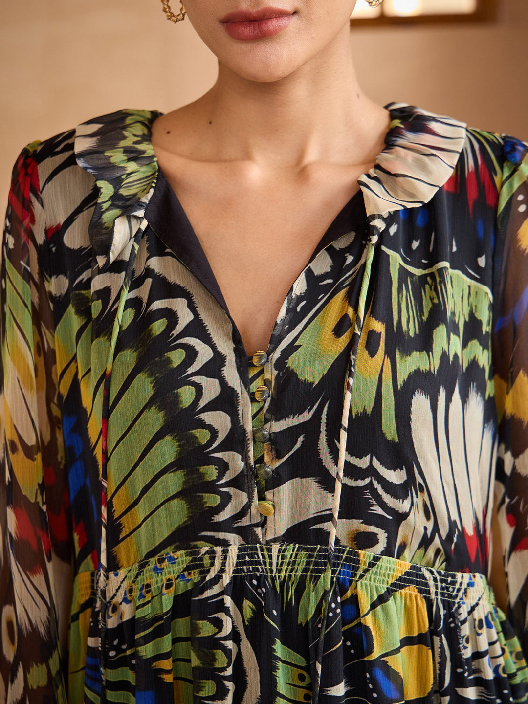 Chiffon maxi dress featuring a ruffle collar and vibrant butterfly print, designed for women seeking a flowing and elegant long dress. 5