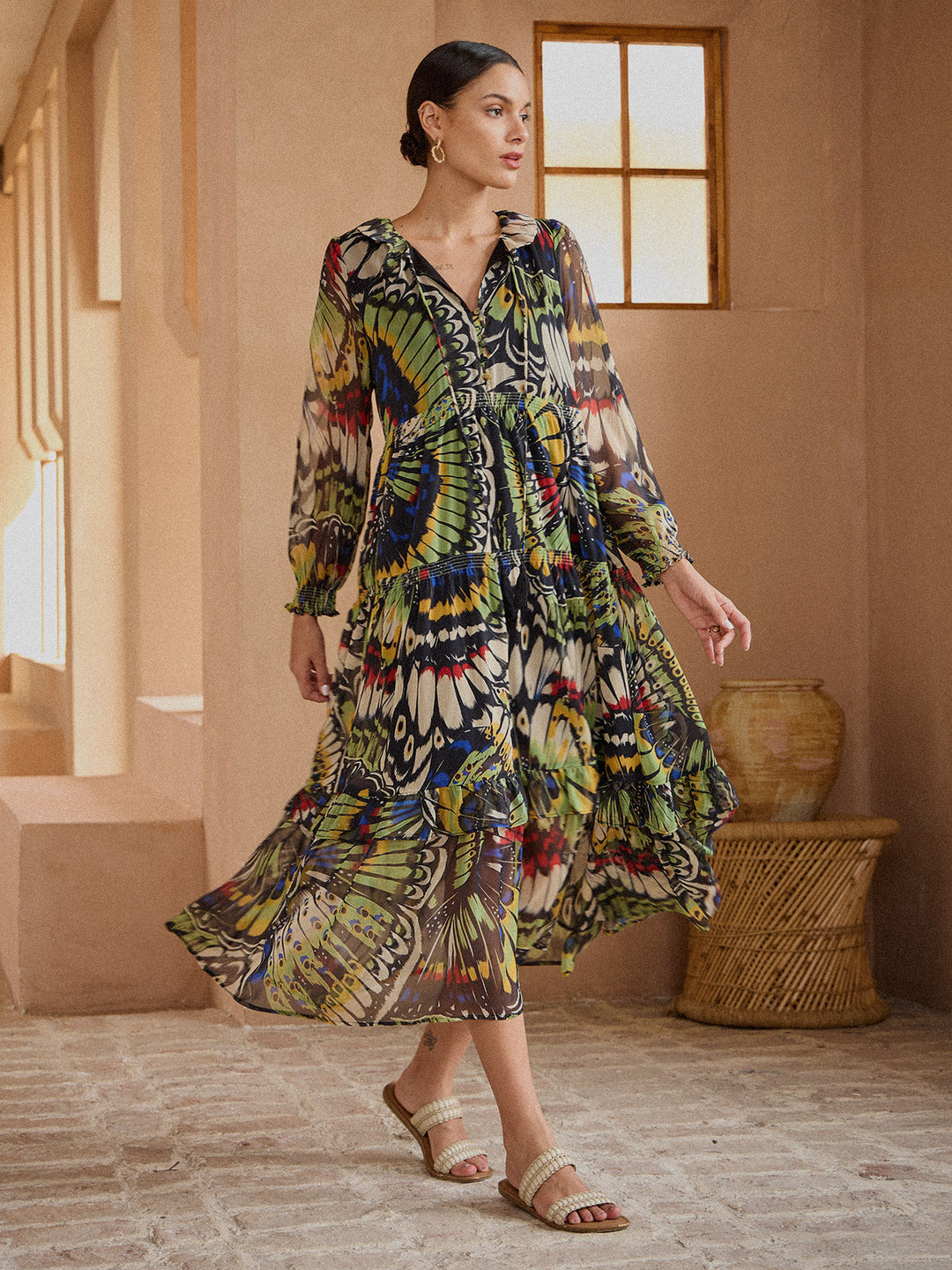 Chiffon maxi dress featuring a ruffle collar and vibrant butterfly print, designed for women seeking a flowing and elegant long dress. 6