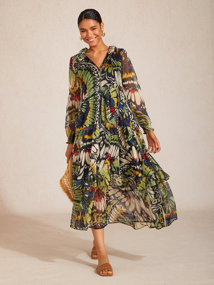 Chiffon maxi dress featuring a ruffle collar and vibrant butterfly print, designed for women seeking a flowing and elegant long dress. 7