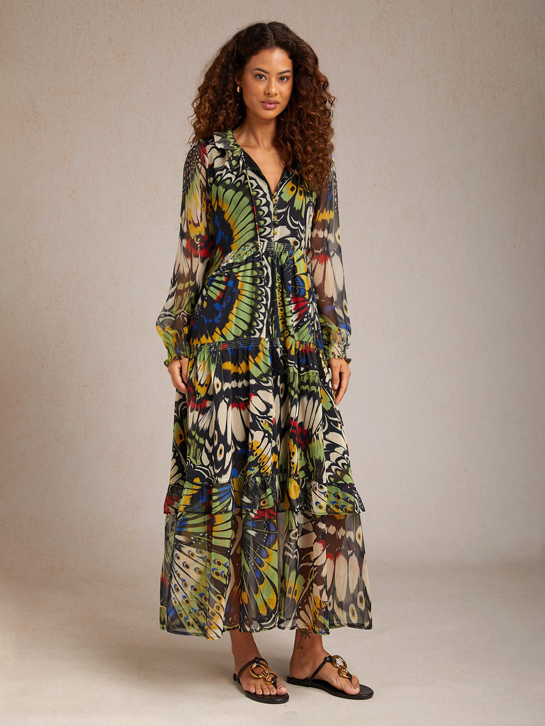 Chiffon maxi dress featuring a ruffle collar and vibrant butterfly print, designed for women seeking a flowing and elegant long dress. 8