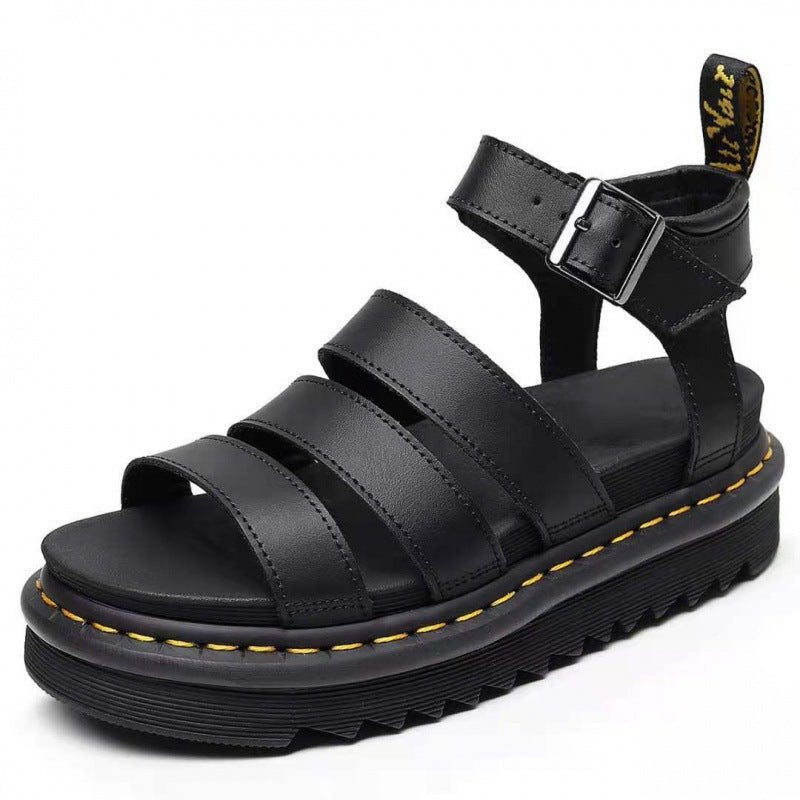 Chunky Platform Sandals for Women with Adjustable Ankle Buckle – Black Lightweight Three-Strap Design 1