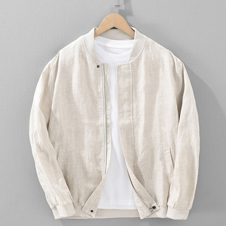 Cotton linen jacket with zipper front featuring a vintage-inspired relaxed fit, perfect for stylish layering in any season. 0