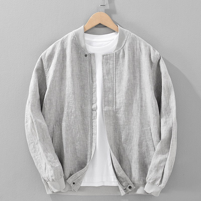 Cotton linen jacket with zipper front featuring a vintage-inspired relaxed fit, perfect for stylish layering in any season. 1