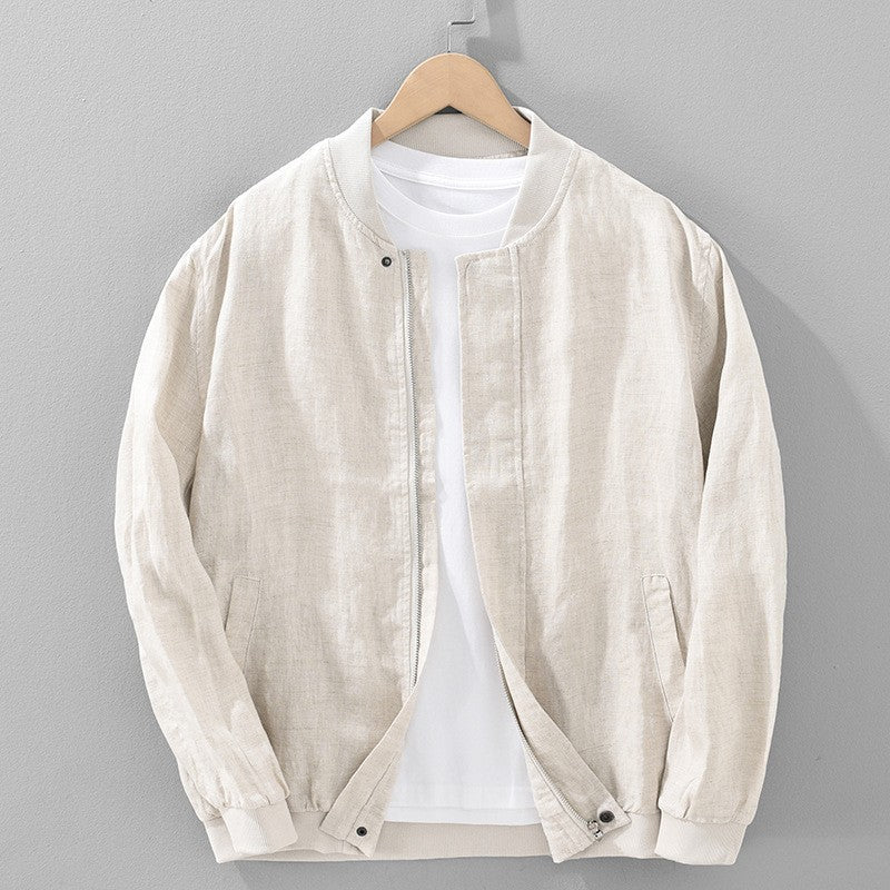 Cotton linen jacket with zipper front in a vintage-inspired design, featuring a relaxed fit, ideal for all seasons and versatile layering. 0