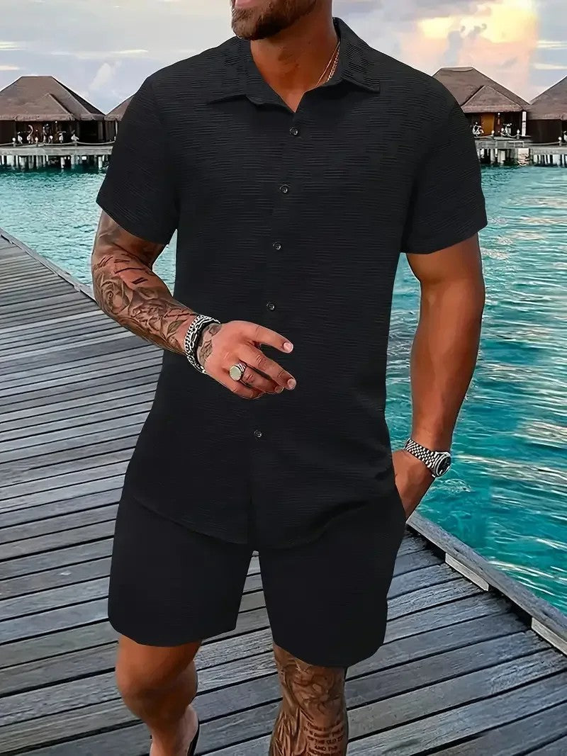 Cotton linen shirt and shorts set with drawstring closure, featuring a relaxed fit ideal for summer comfort, showcasing a stylish design perfect for casual outings. 0