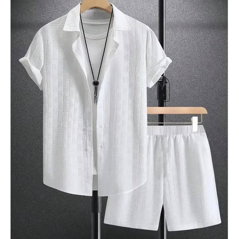 Cotton linen shirt and shorts set with drawstring closure, featuring a relaxed fit ideal for summer comfort, showcasing a stylish design perfect for casual outings. 1