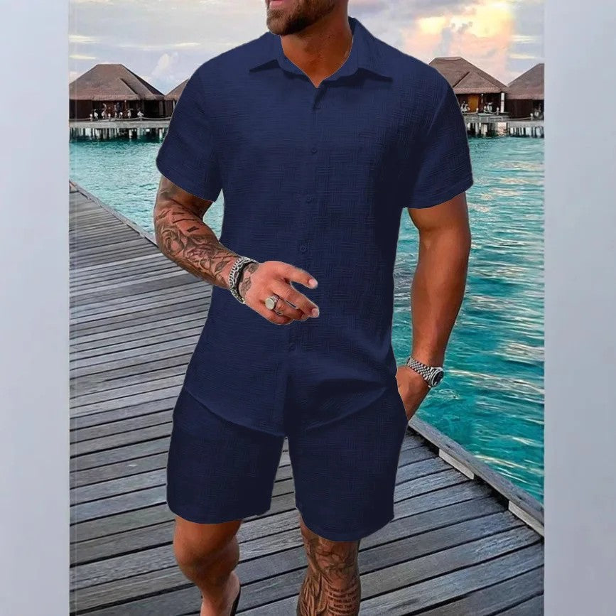 Cotton linen shirt and shorts set with drawstring closure, featuring a relaxed fit ideal for summer comfort, showcasing a stylish design perfect for casual outings. 12