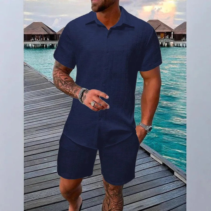 Cotton linen shirt and shorts set with drawstring closure, featuring a relaxed fit ideal for summer comfort, showcasing a stylish design perfect for casual outings. 12