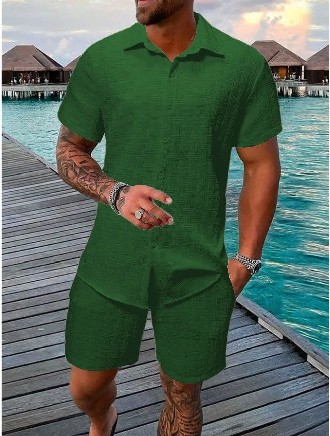 Cotton linen shirt and shorts set with drawstring closure, featuring a relaxed fit ideal for summer comfort, showcasing a stylish design perfect for casual outings. 13