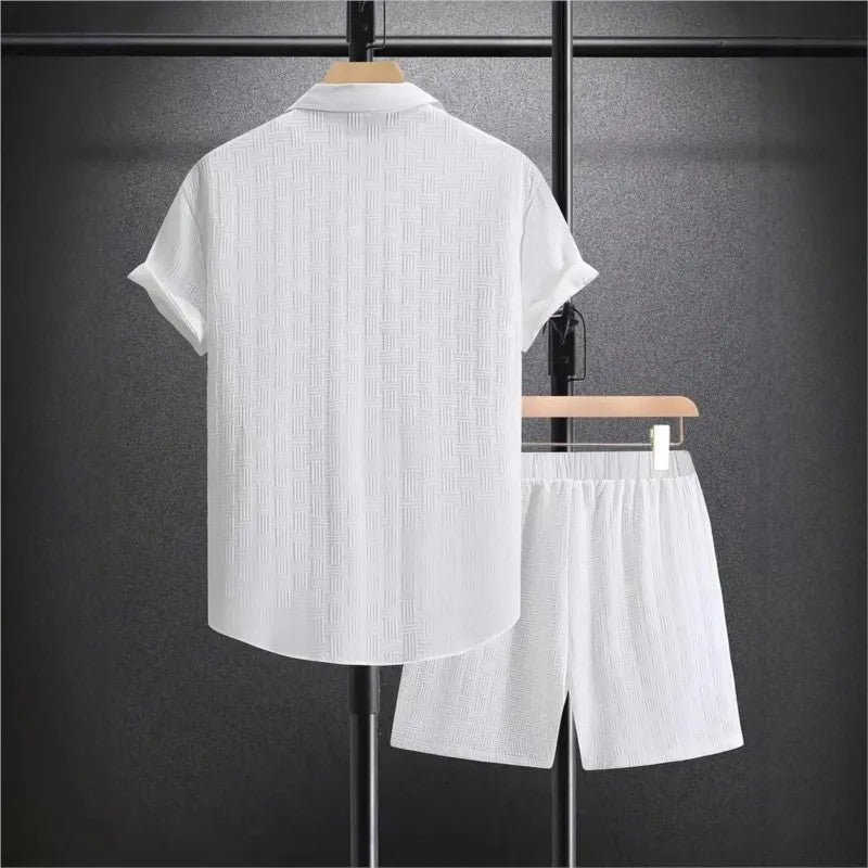 Cotton linen shirt and shorts set with drawstring closure, featuring a relaxed fit ideal for summer comfort, showcasing a stylish design perfect for casual outings. 2