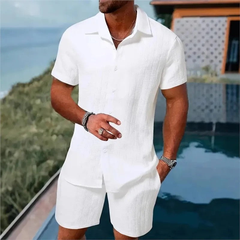 Cotton linen shirt and shorts set with drawstring closure, featuring a relaxed fit ideal for summer comfort, showcasing a stylish design perfect for casual outings. 3