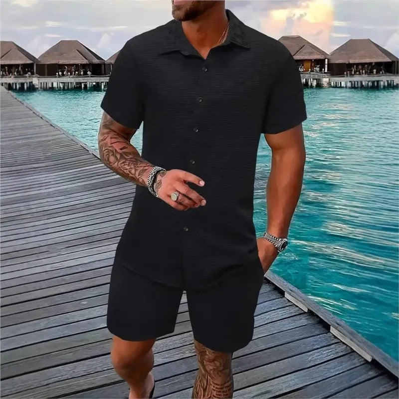Cotton linen shirt and shorts set with drawstring closure, featuring a relaxed fit ideal for summer comfort, showcasing a stylish design perfect for casual outings. 4