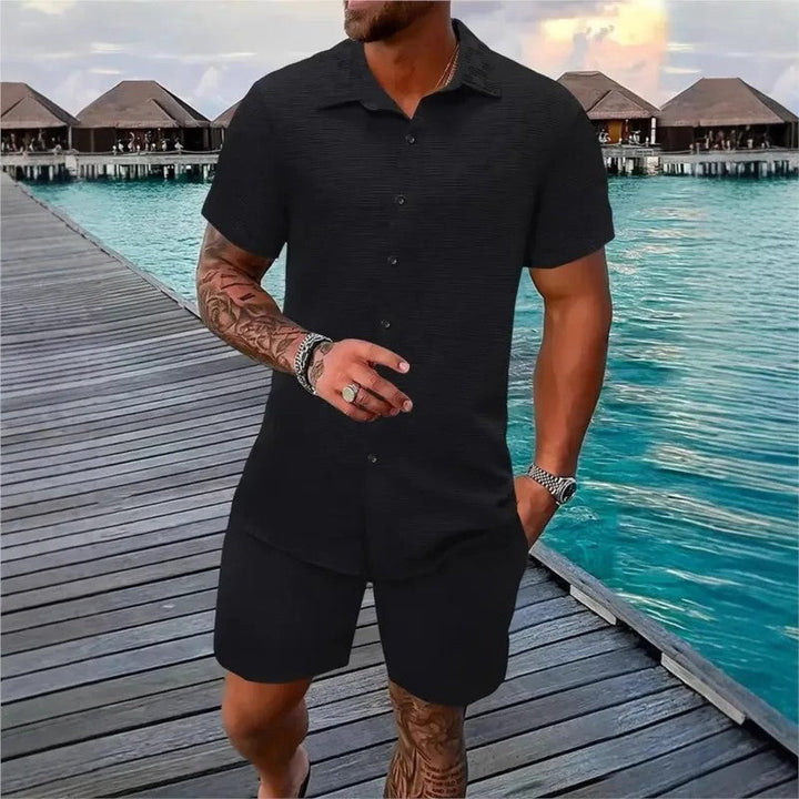 Cotton linen shirt and shorts set with drawstring closure, featuring a relaxed fit ideal for summer comfort, showcasing a stylish design perfect for casual outings. 4