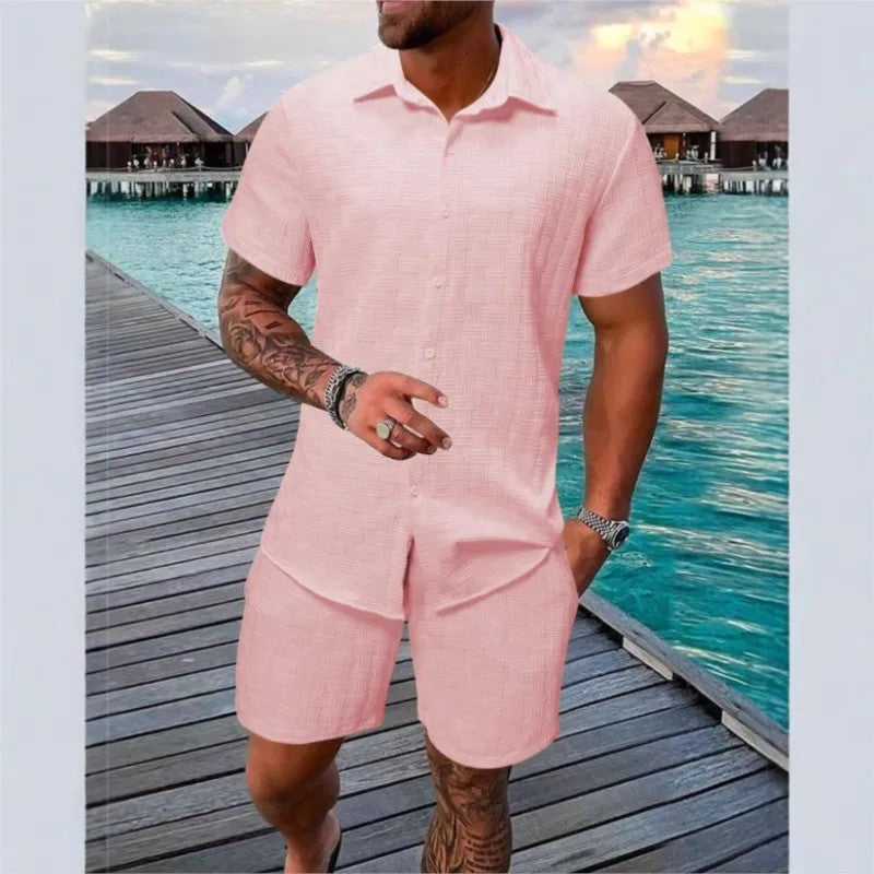 Cotton linen shirt and shorts set with drawstring closure, featuring a relaxed fit ideal for summer comfort, showcasing a stylish design perfect for casual outings. 6