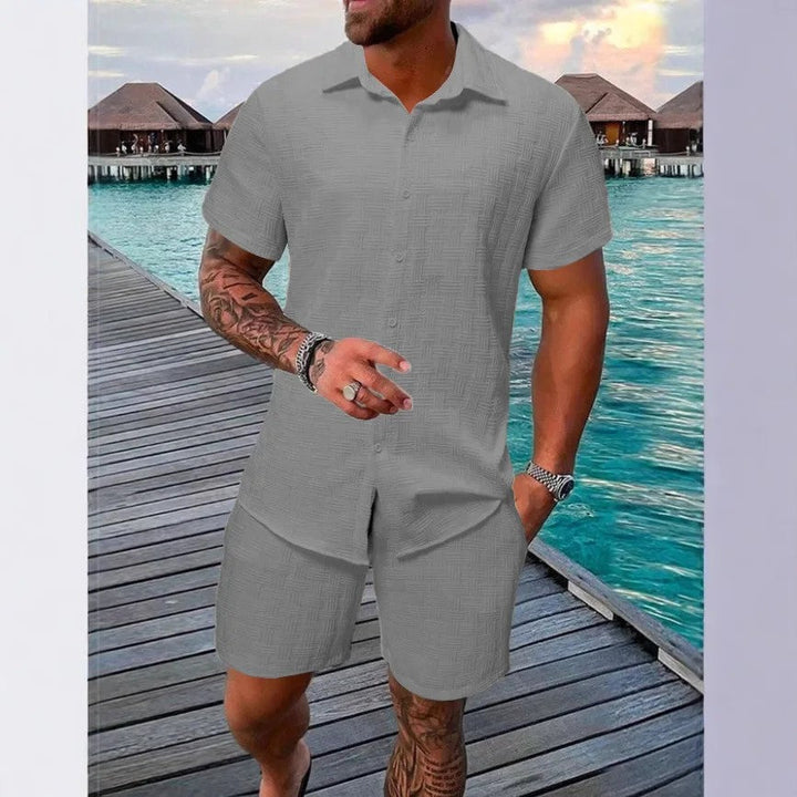 Cotton linen shirt and shorts set with drawstring closure, featuring a relaxed fit ideal for summer comfort, showcasing a stylish design perfect for casual outings. 7