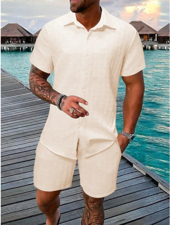 Cotton linen shirt and shorts set with drawstring closure, featuring a relaxed fit ideal for summer comfort, showcasing a stylish design perfect for casual outings. 8