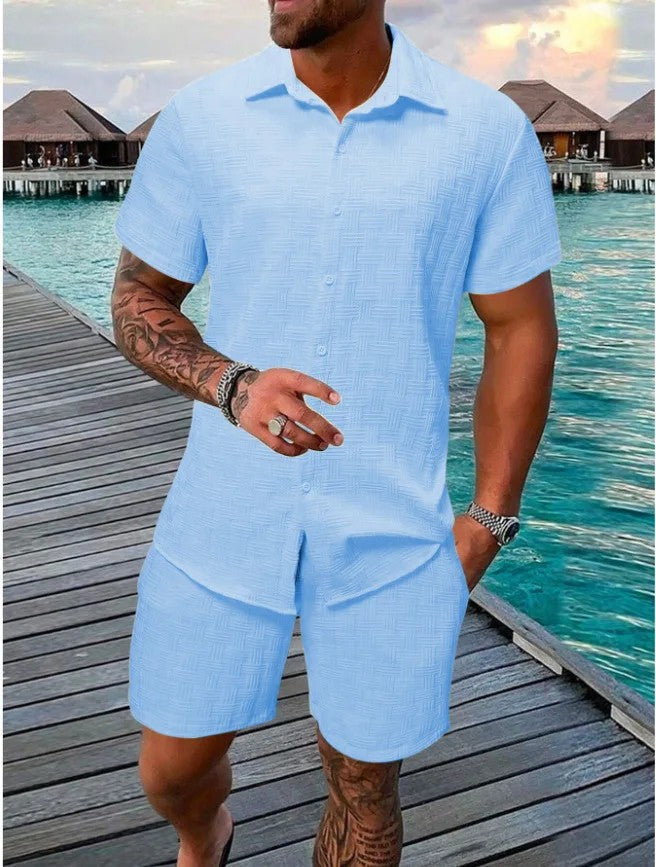 Cotton linen shirt and shorts set with drawstring closure, featuring a relaxed fit ideal for summer comfort, showcasing a stylish design perfect for casual outings. 9