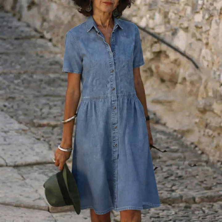 Denim Dress Women with Button-Front and A-Line Hem – Soft Washed Denim Everyday Wear 0