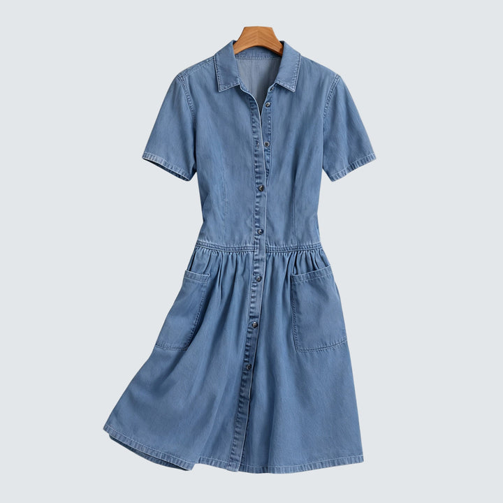 Denim Dress Women with Button-Front and A-Line Hem – Soft Washed Denim Everyday Wear 1