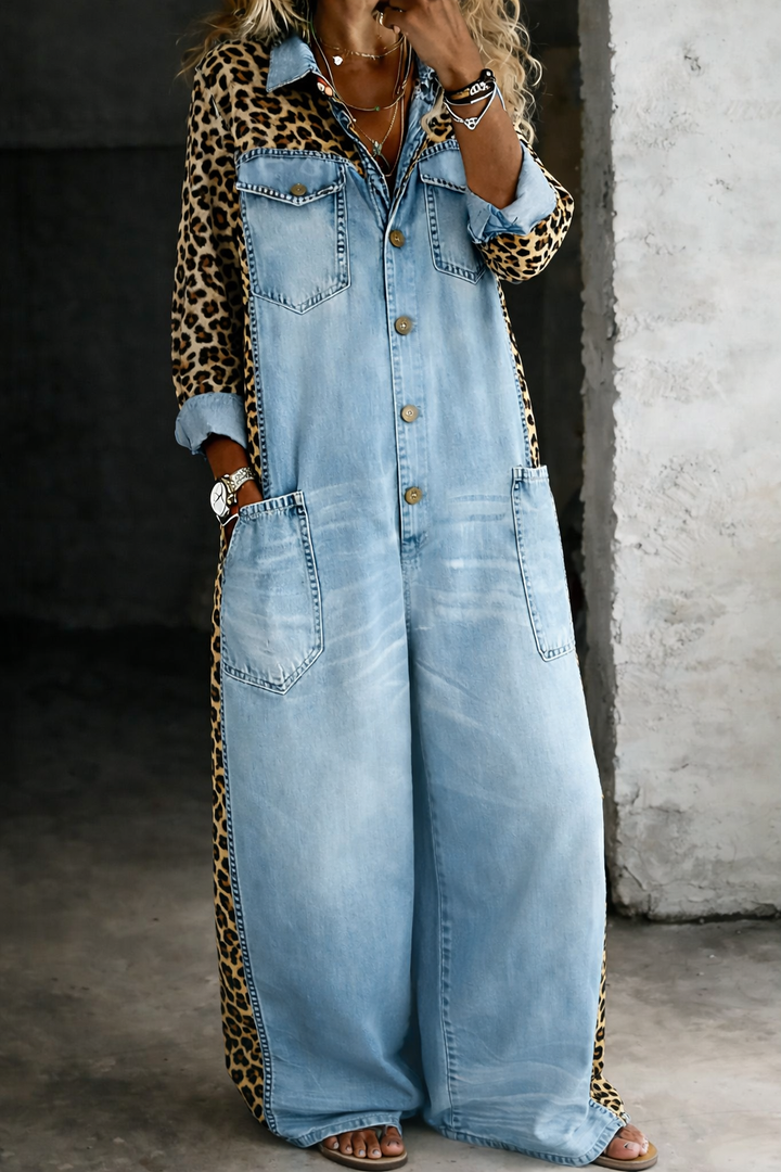 Denim Jumpsuit for Women with Patch Pockets – Ankle-Length One-Piece Shirt Style 0