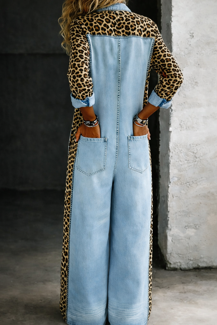 Denim Jumpsuit for Women with Patch Pockets – Ankle-Length One-Piece Shirt Style 1