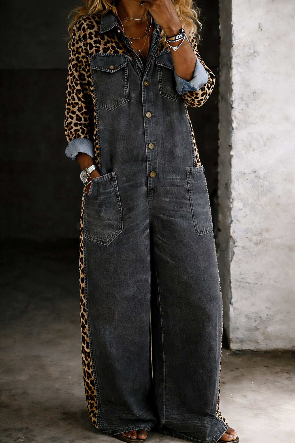 Denim Jumpsuit for Women with Patch Pockets – Ankle-Length One-Piece Shirt Style 4