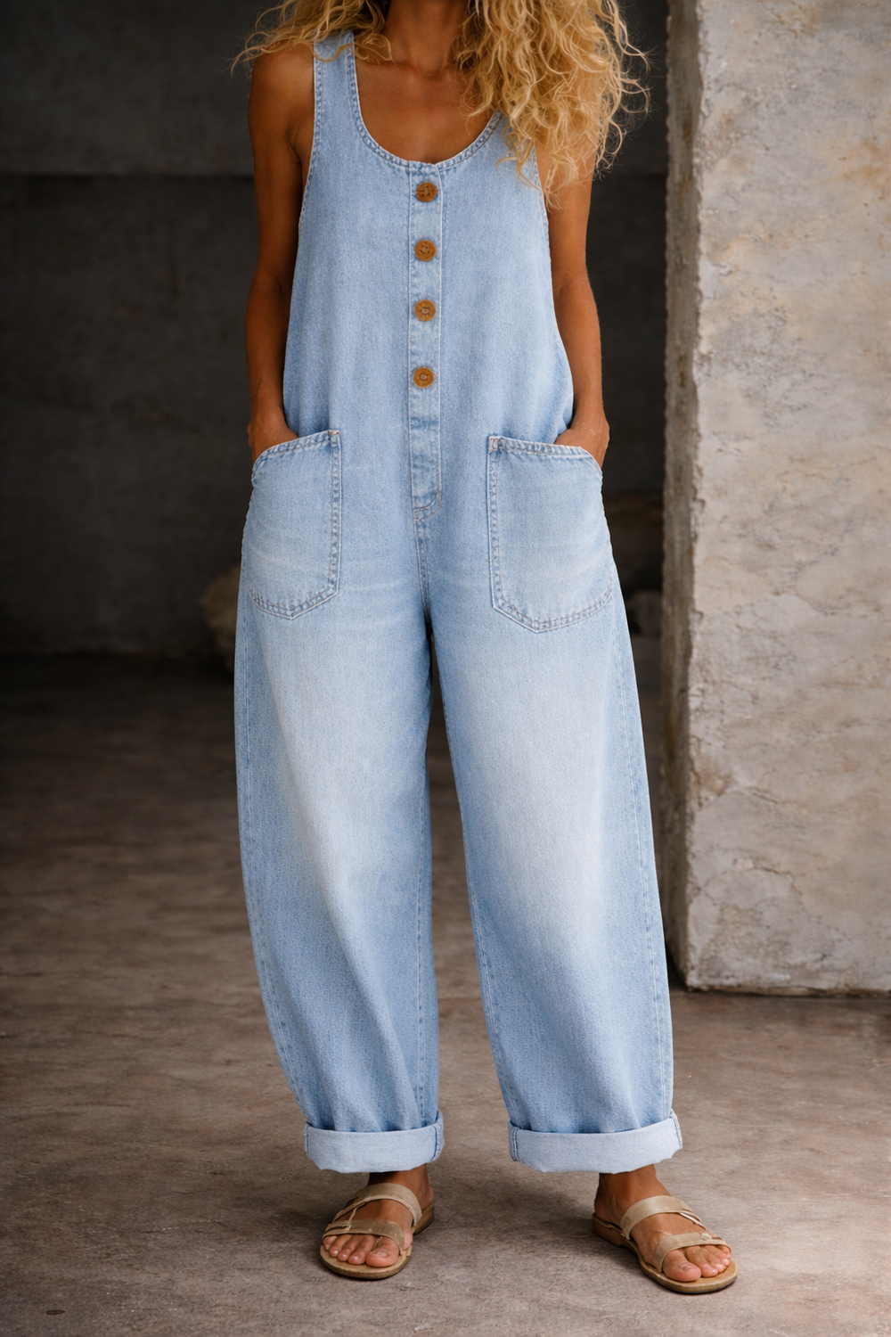 Denim Overalls for Women with Square Neckline and Side Pockets – Vintage Washed Cotton Casual Overall 1