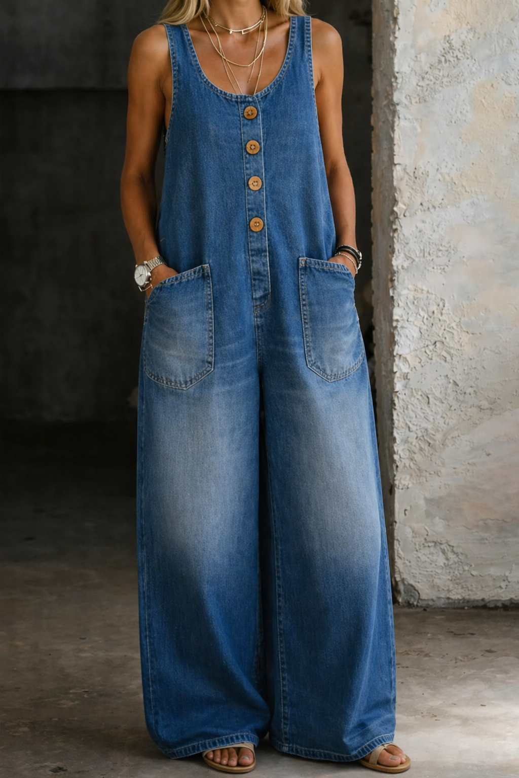 Sleeveless denim overalls in vintage wash with side pockets, perfect for a casual and stylish look. 0