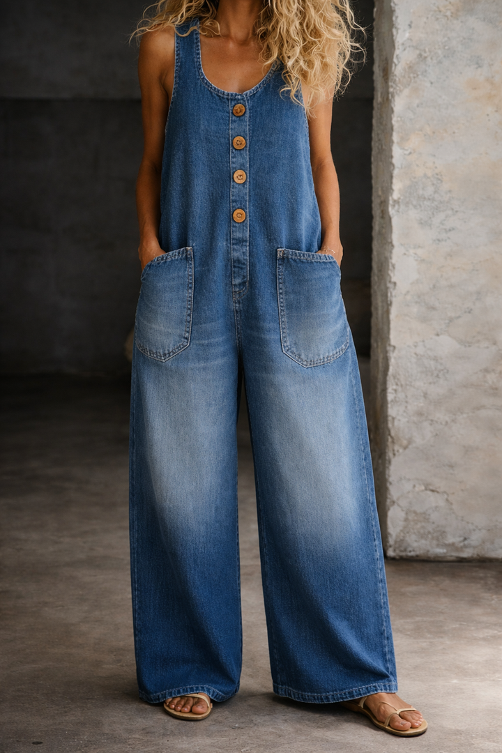 Sleeveless denim overalls in vintage wash with side pockets, perfect for a casual and stylish look. 1