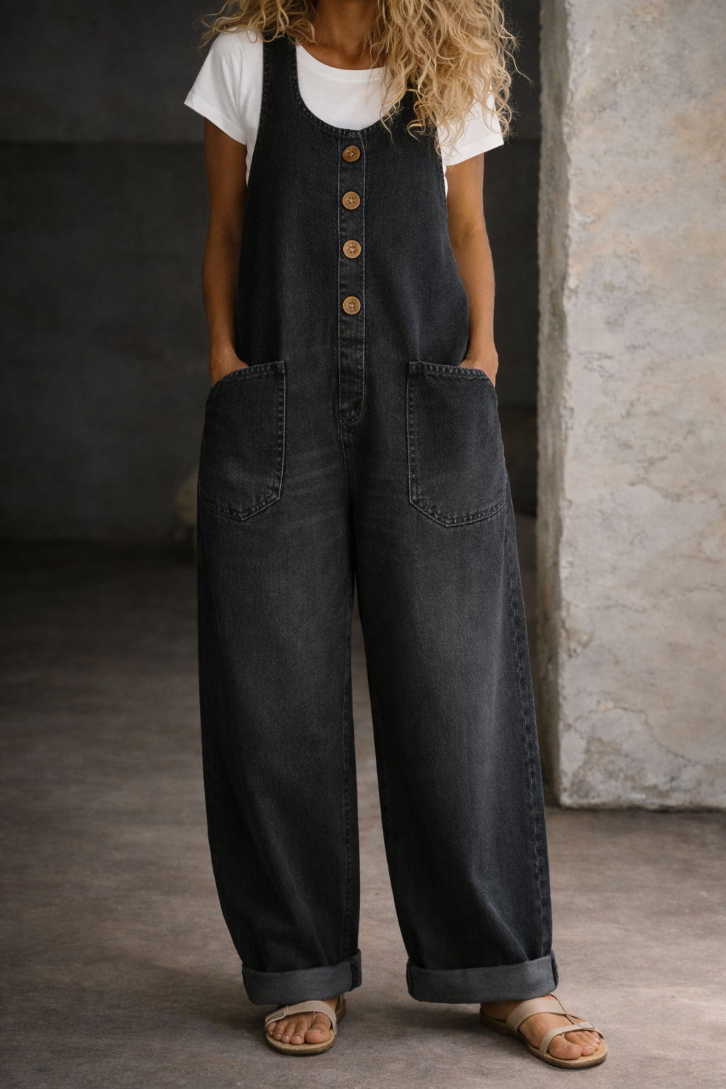 Denim Overalls with Square Neckline and Side Pockets – Vintage Washed Sleeveless Design for Effortless Style 2
