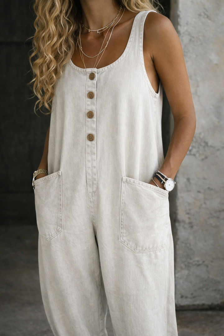 Denim Overalls with Square Neckline and Side Pockets – Vintage Washed Sleeveless Design for Effortless Style 6
