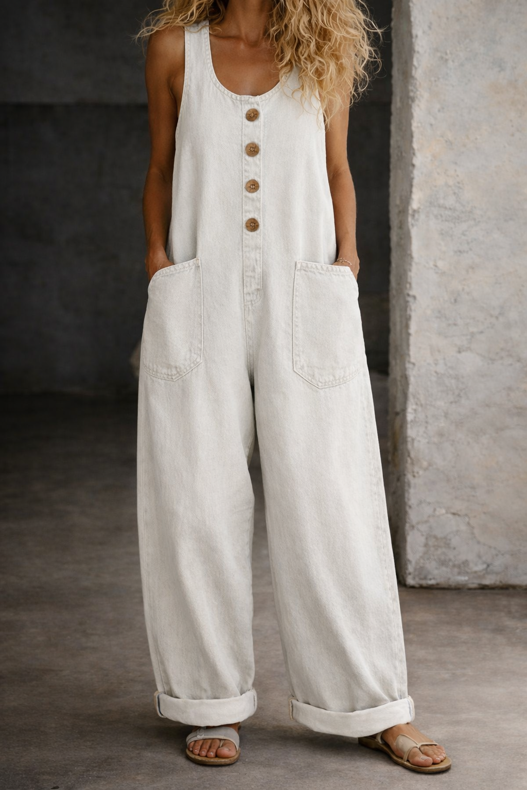 Denim Overalls with Square Neckline and Side Pockets – Vintage Washed Sleeveless Design for Effortless Style 7
