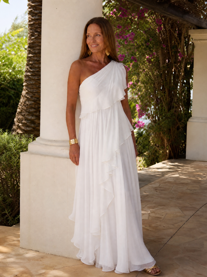 Elegant Maxi Dress with Cascading Ruffles and One-Shoulder Design – Lightweight Soft Fabric 6
