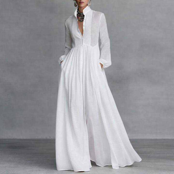 Elegant Maxi Dress with Flattering Silhouette – Lightweight Long Sleeve White Dress for Casual and Special Occasions 0