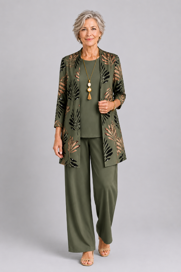 Elegant Three-Piece Set with Botanical Print Trousers – Plus Size Women's Casual Outfit – Lightweight and Breathable 0