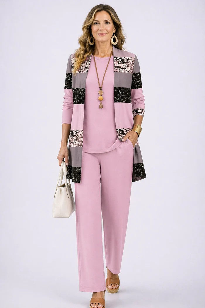 Elegant Three-Piece Set with Botanical Print Trousers – Plus Size Women's Casual Outfit – Lightweight and Breathable 4