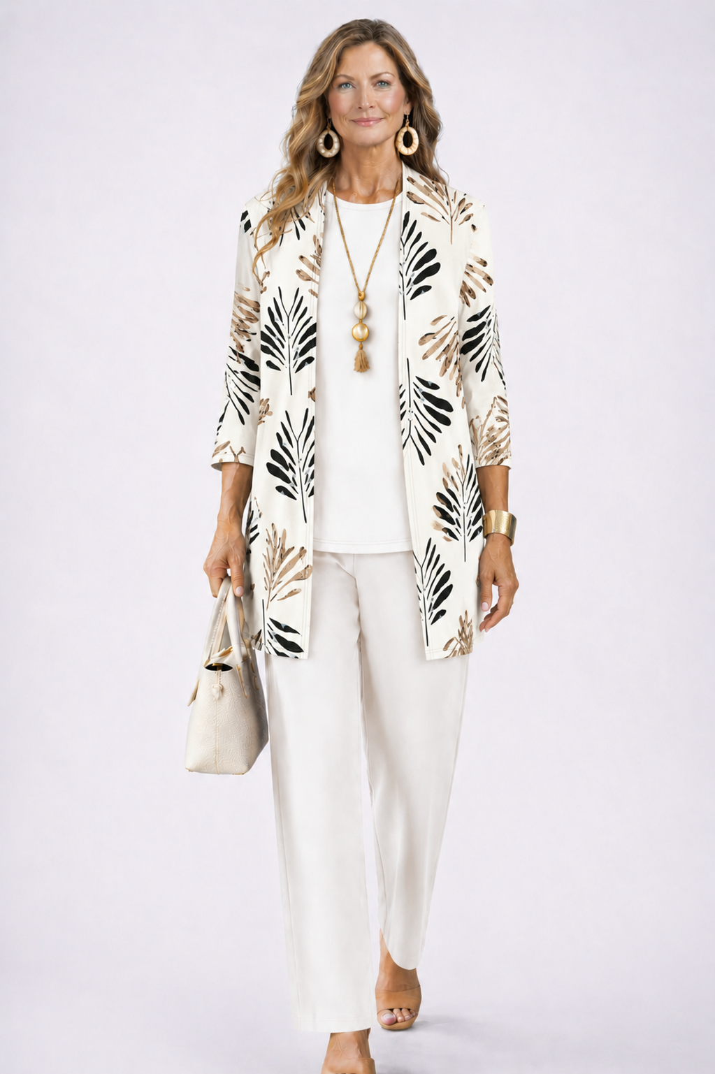 Elegant Three-Piece Set with Botanical Print Trousers – Plus Size Women's Casual Outfit – Lightweight and Breathable 8