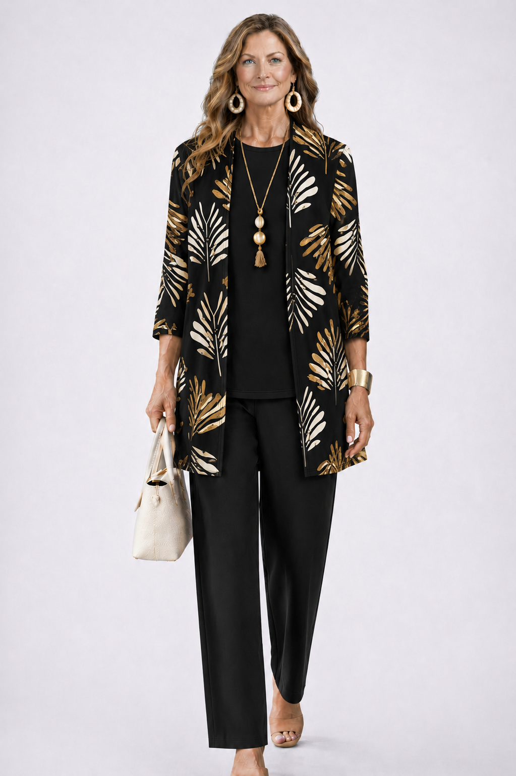 Elegant Three-Piece Set with Botanical Print Trousers – Plus Size Women's Casual Outfit – Lightweight and Breathable 9