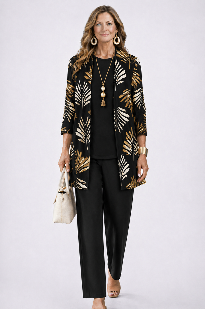 Elegant Three-Piece Set with Botanical Print Trousers – Plus Size Women's Casual Outfit – Lightweight and Breathable 9