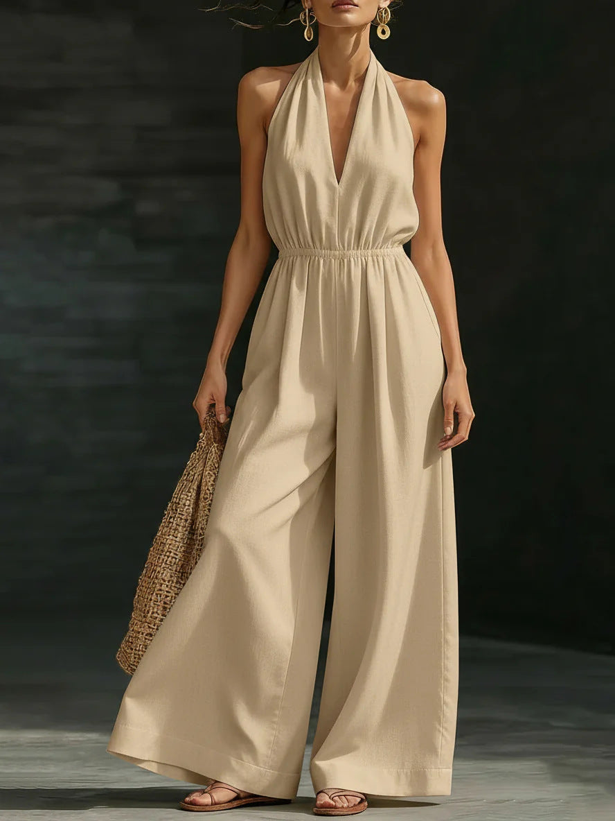 Elegant Wide-Leg Jumpsuit with Lace Overlay and Adjustable Halter Tie for Women – Soft Breathable Fabric 1