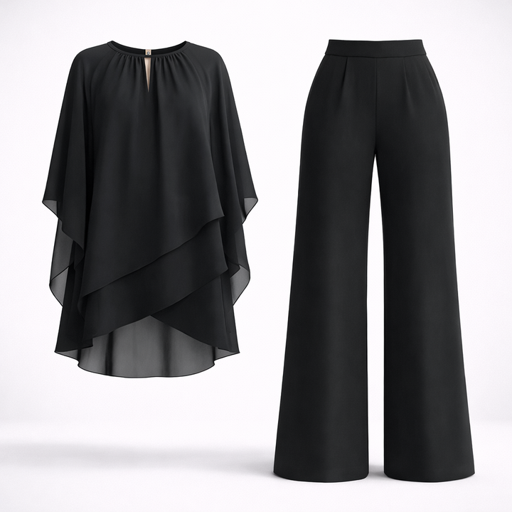 Elegant women's two-piece outfit featuring a flowy overlay top and wide-leg trousers, designed for comfort and style, perfect for all occasions. 0