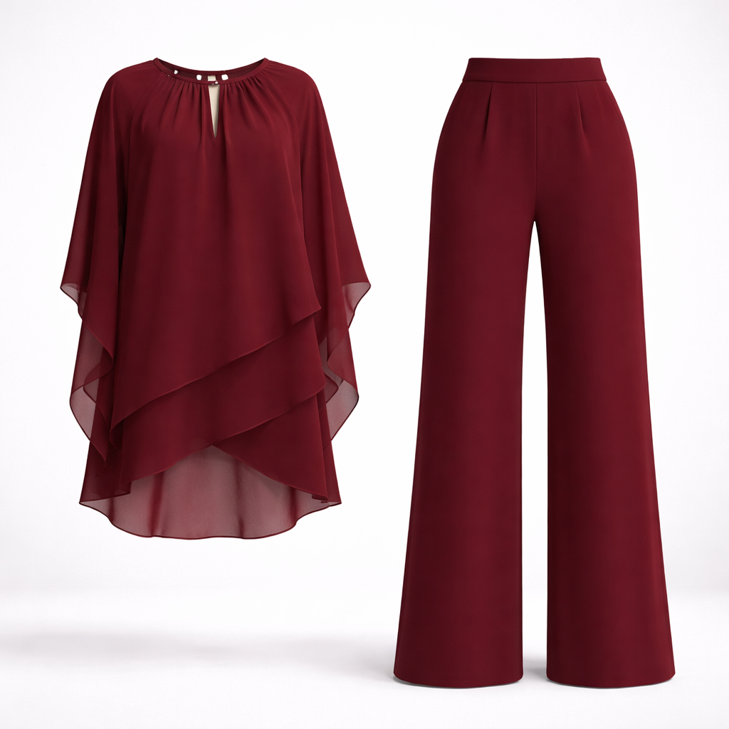 Elegant women's two-piece outfit featuring a flowy overlay top and wide-leg trousers, designed for comfort and style, perfect for all occasions. 2
