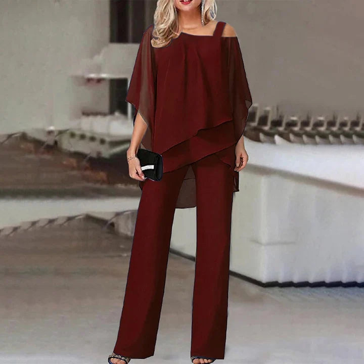Elegant women's two-piece outfit featuring a flowy overlay top and wide-leg trousers, designed for comfort and style, perfect for all occasions. 3