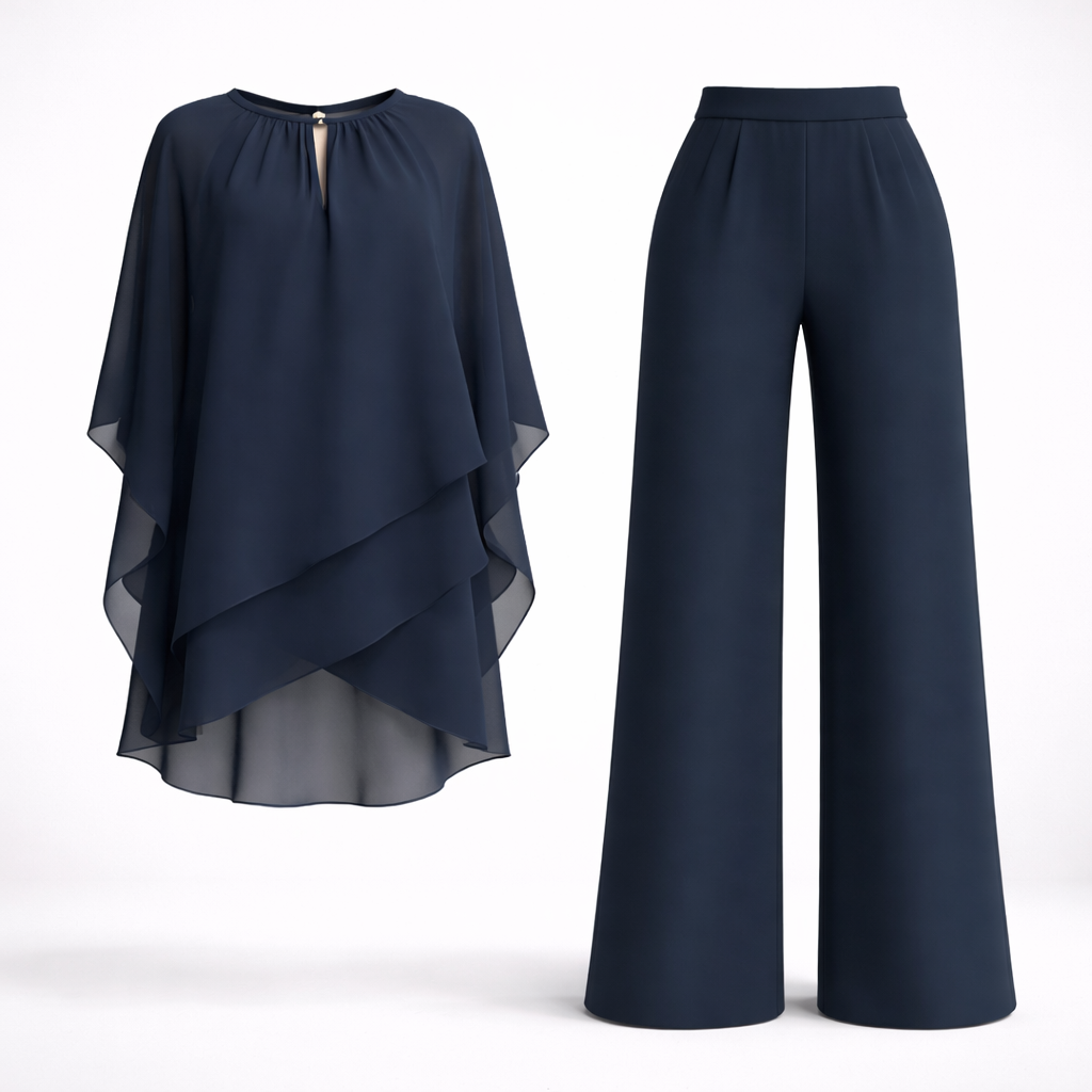 Elegant women's two-piece outfit featuring a flowy overlay top and wide-leg trousers, designed for comfort and style, perfect for all occasions. 4