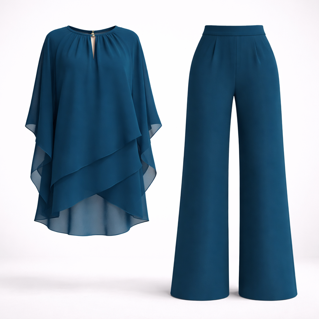 Elegant women's two-piece outfit featuring a flowy overlay top and wide-leg trousers, designed for comfort and style, perfect for all occasions. 6