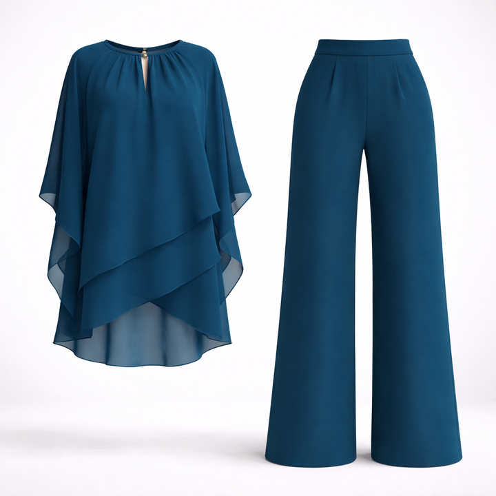 Elegant women's two-piece outfit featuring a flowy overlay top and wide-leg trousers, designed for comfort and style, perfect for all occasions. 6